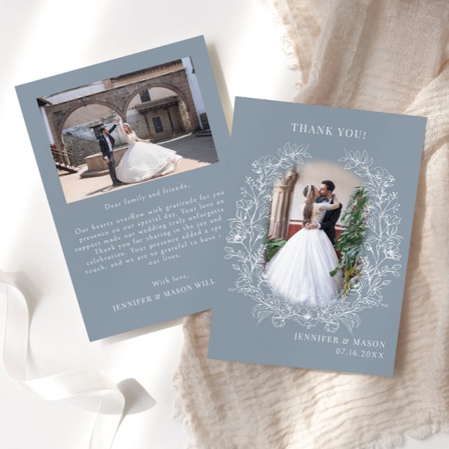 Dusty blue classic floral wreath Wedding Photo Thank You Card (Creator Uploaded)