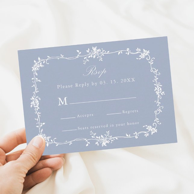 Dusty Blue Classic Victorian Floral Frame Wedding RSVP Card (Creator Uploaded)