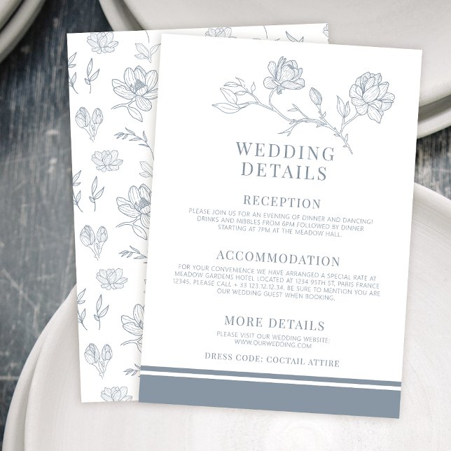 Dusty blue classical floral wedding details cards (Creator Uploaded)