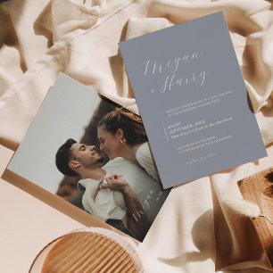 Dusty Blue Classy Script Modern Photo Wedding Invitation