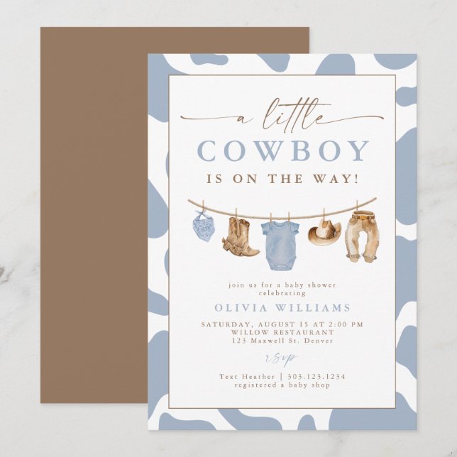 Dusty Blue Clothesline Little Cowboy Baby Shower Invitation (Front/Back)