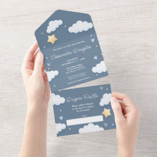 Dusty Blue Clouds Hello Baby Shower All In One Invitation