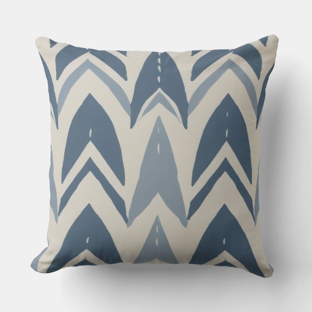 Dusty Blue Coastal Batik Parang Chevron Geometric Cushion (Front)