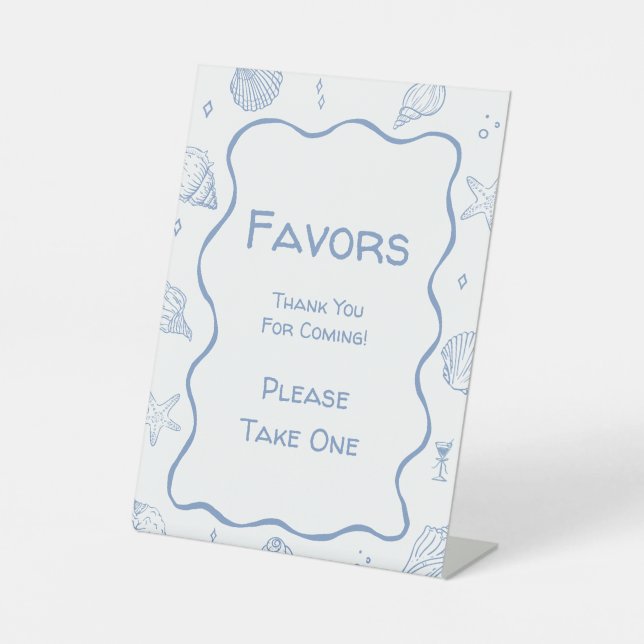 Dusty Blue Coastal Beach Baby Shower Favour  Pedestal Sign (Front)