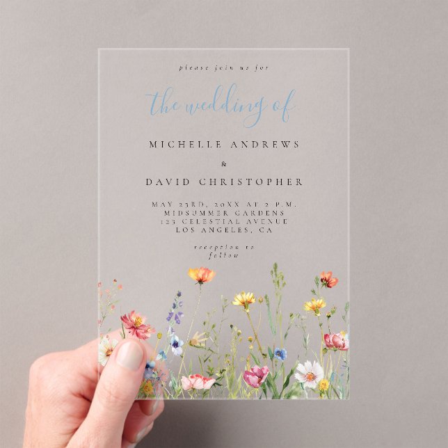 Dusty Blue Colourful Rustic Wildflower Wedding Acrylic Invitations (Insitu (Handheld))