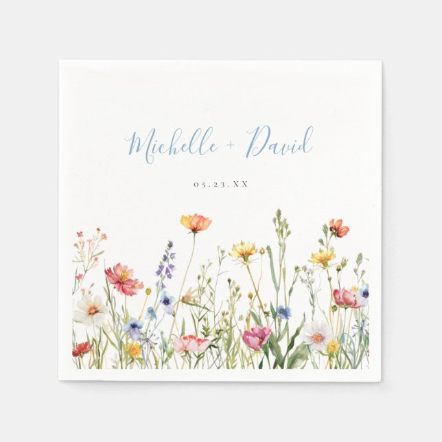 Dusty Blue Colourful Rustic Wildflower Wedding Napkin (Front)