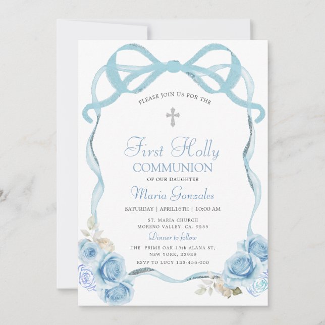 Dusty Blue Coquett Ribbon First Holy Communion Invitation (Front)
