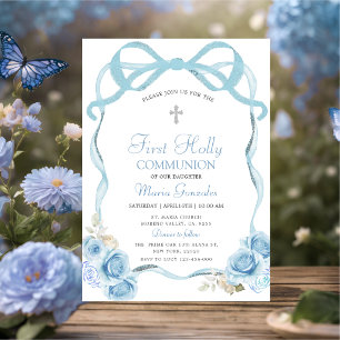 Dusty Blue Coquett Ribbon First Holy Communion Invitation