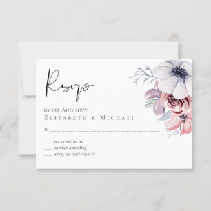 Dusty Blue Coral Floral Script Wedding RSVP Budget Card