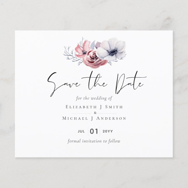 Dusty Blue Coral Floral Wedding Save Date Budget (Front)