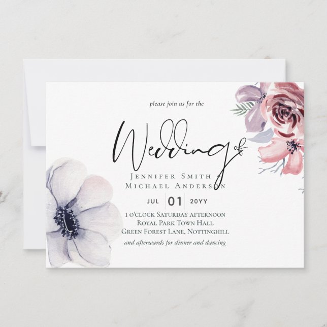 Dusty Blue Coral Modern Wedding Invitation Budget (Front)