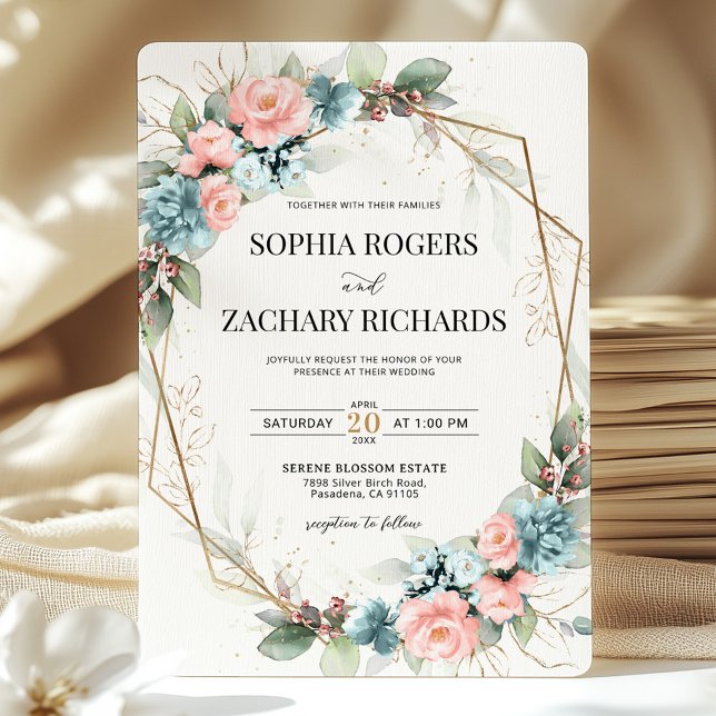 Dusty Blue Coral Pink Floral Geometric Wedding  Invitation (Creator Uploaded)
