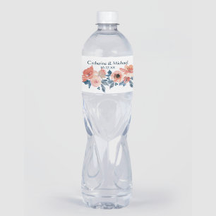 Dusty Blue & Coral Pink Watercolor Floral Wedding Water Bottle Label