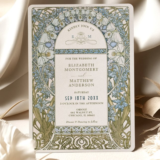 Dusty Blue Cornflower Wedding Art Nouveau Mucha Invitation (Creator Uploaded)