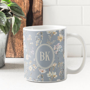 Dusty Blue Cottagecore Wildflower Monogram Coffee Mug