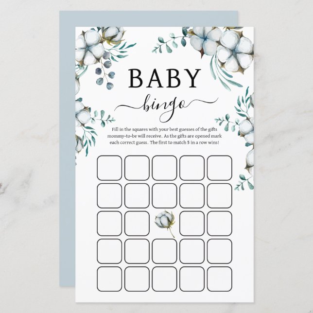 Dusty Blue cotton flowers Baby Shower Bingo Game (Front/Back)