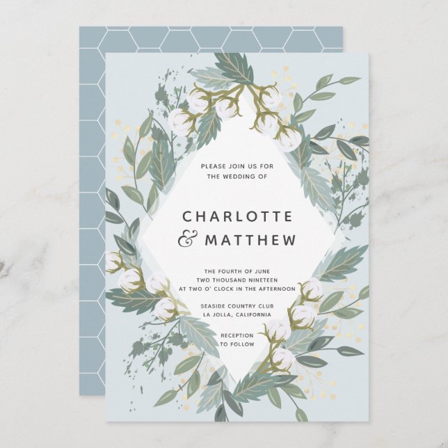 Dusty Blue Cotton Garden Diamond Botanical Wedding Invitation (Front/Back)