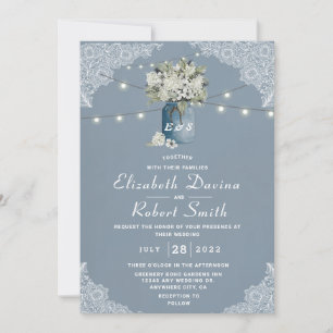 Dusty Blue Country Combined White Lace Wedding Invitation