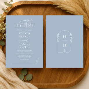 Dusty Blue Country Farmhouse Line Art Wedding Invitation