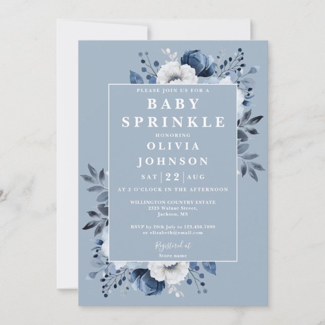 Dusty Blue Country Floral Sprinkle Baby Shower Invitation (Front)