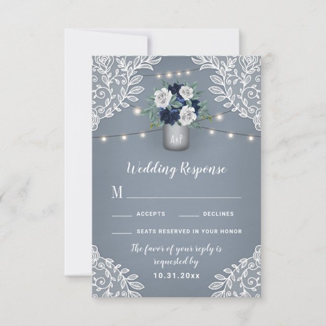 Dusty Blue Country Mason Jar Wedding RSVP Cards (Front)
