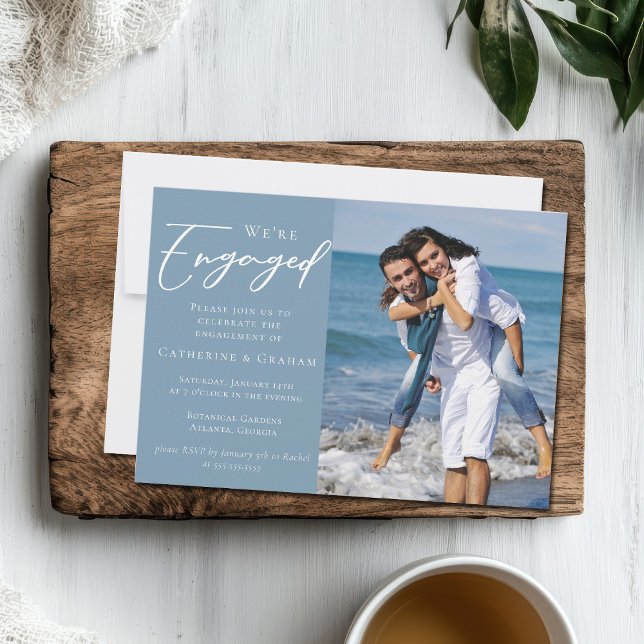 Dusty Blue Couple Photo Coastal Engagement Party Announcement (Creator Uploaded)