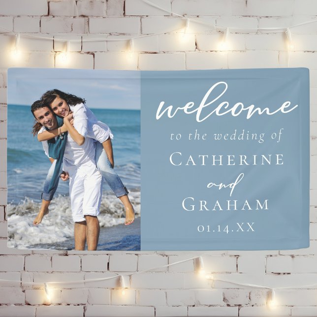 Dusty Blue Couple Photo Coastal Wedding Banner (Creator Uploaded)