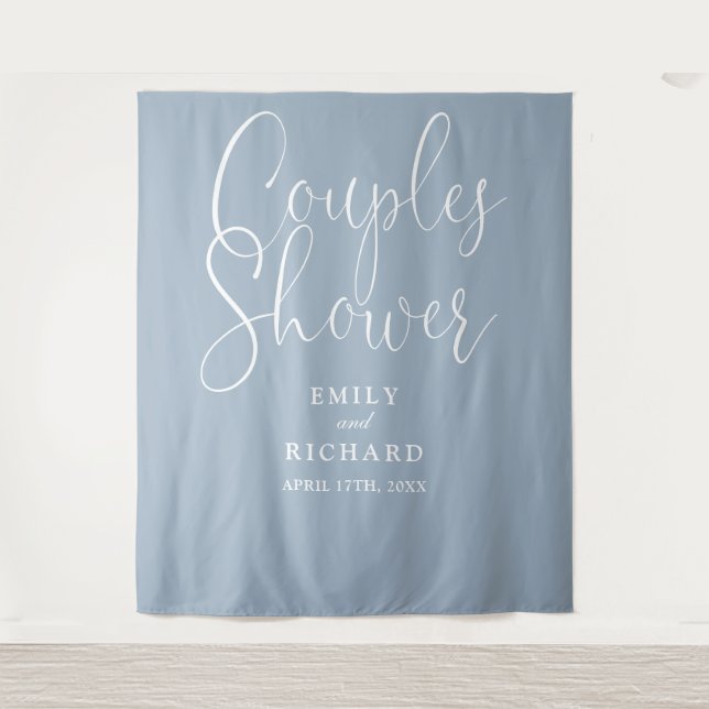 Dusty Blue Couples Wedding Shower Photo Backdrop Tapestry (Front)