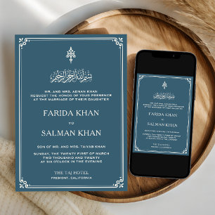 Dusty Blue Cream Border Islamic Wedding Invitation
