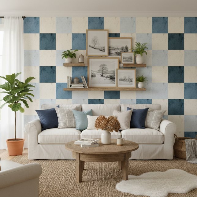 Dusty Blue & Cream Checkerboard Peel and Stick Wallpaper (Creator Uploaded)