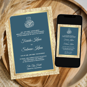 Dusty Blue Cream Damask Islamic Muslim Wedding Invitation