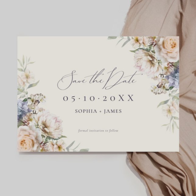 Dusty Blue Cream Floral Save The Date (Creator Uploaded)