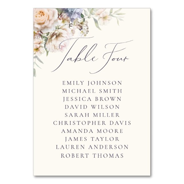 Dusty Blue Cream Floral Table Four Guest Names Table Number (Front)