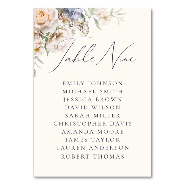 Dusty Blue Cream Floral Table Nine Guest Names Table Number (Front)