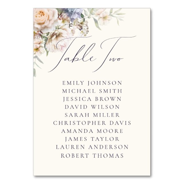 Dusty Blue Cream Floral Table Two Guest Names Number (Front)