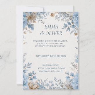 Dusty Blue & Cream Floral Wedding Invitation