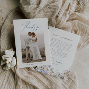 Dusty Blue Cream Floral Wedding Photo  Thank You Card