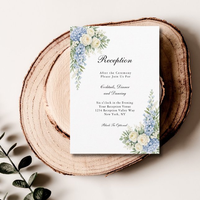 Dusty Blue Cream Floral Wedding Reception  Enclosure Card (Dusty Blue, cream watercolor florals wedding reception enclosure card)