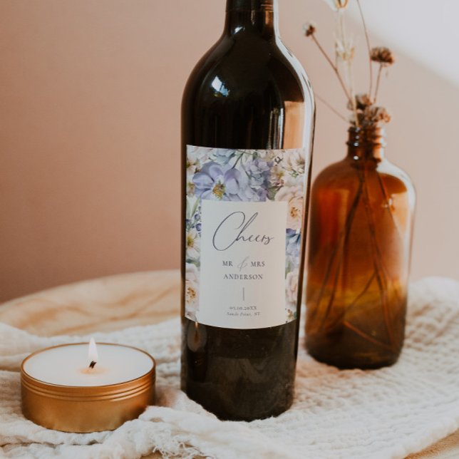 Dusty Blue Cream Floral Wedding  Wine Label (Creator Uploaded)