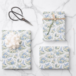 Dusty Blue Cream Florals Wedding Bridal Shower Wrapping Paper Sheet