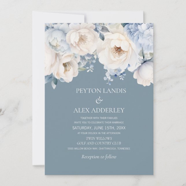 Dusty Blue Cream White Floral Wedding Invitation (Front)