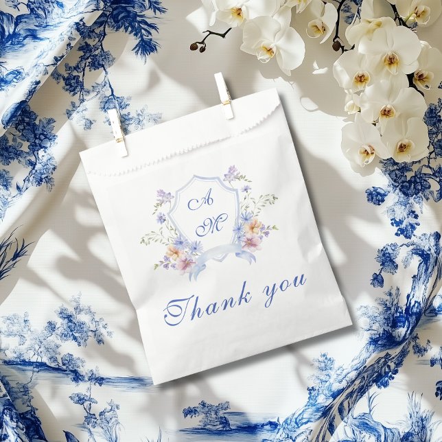 Dusty Blue Crest Floral Wedding Favour Bag (Creator Uploaded)