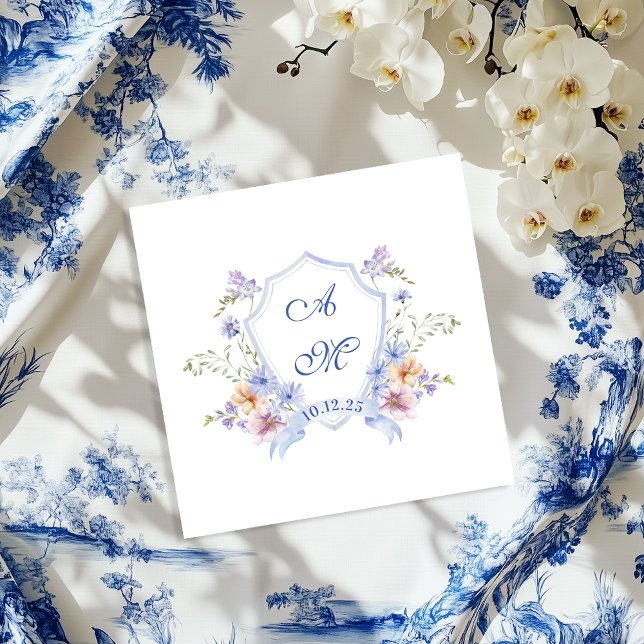 Dusty Blue Crest Floral Wedding Napkin (Creator Uploaded)