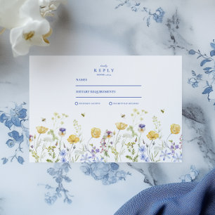 Dusty Blue Crest Floral Wedding RSVP Card