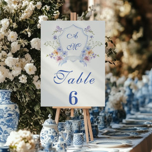 Dusty Blue Crest Floral Wedding Table Number