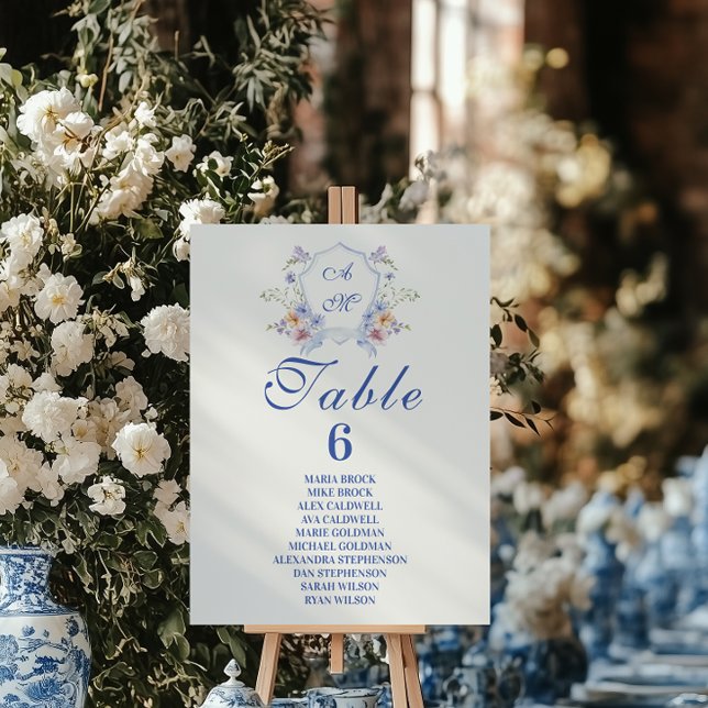 Dusty Blue Crest Floral Wedding Table Number (Creator Uploaded)