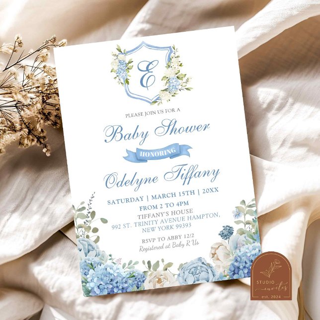 Dusty Blue Crest Hydrangea Floral Baby Shower Invitation (Creator Uploaded)