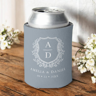 Dusty Blue Crest Modern Monogram Wedding  Can Cooler