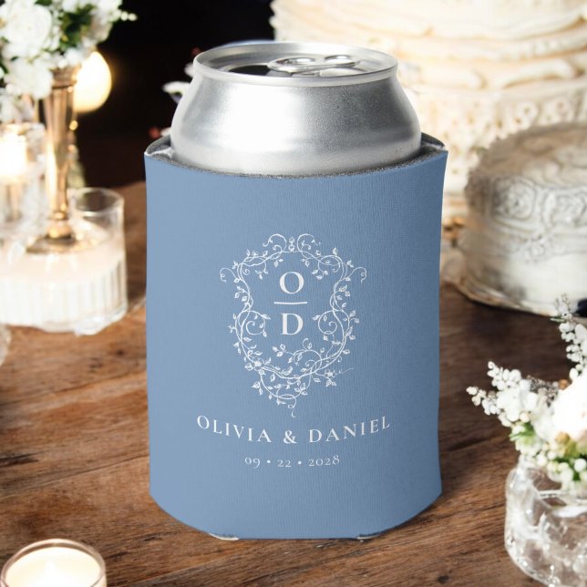 Dusty Blue Crest Modern Monogram Wedding  Can Cooler (Creator Uploaded)