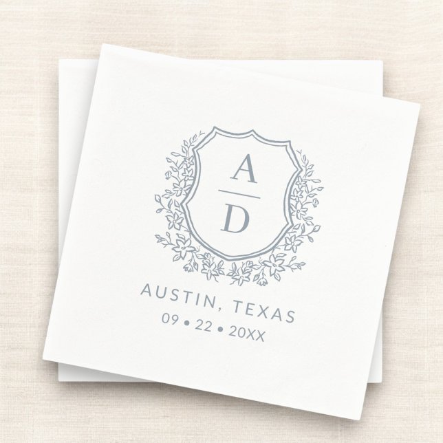 Dusty Blue Crest Modern Monogram Wedding  Napkin (Creator Uploaded)